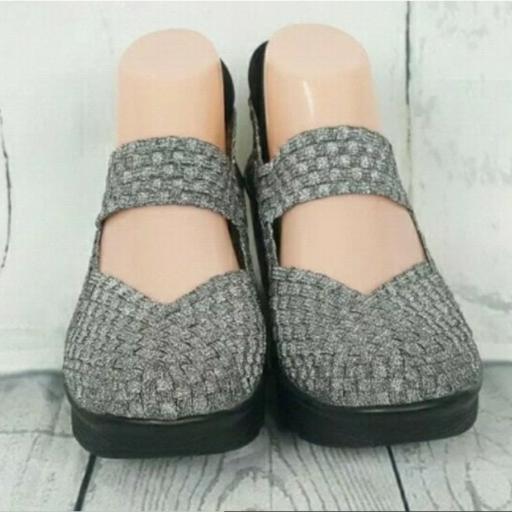 Bernie Mev Silver Halle Mary Jane stretch wedges.